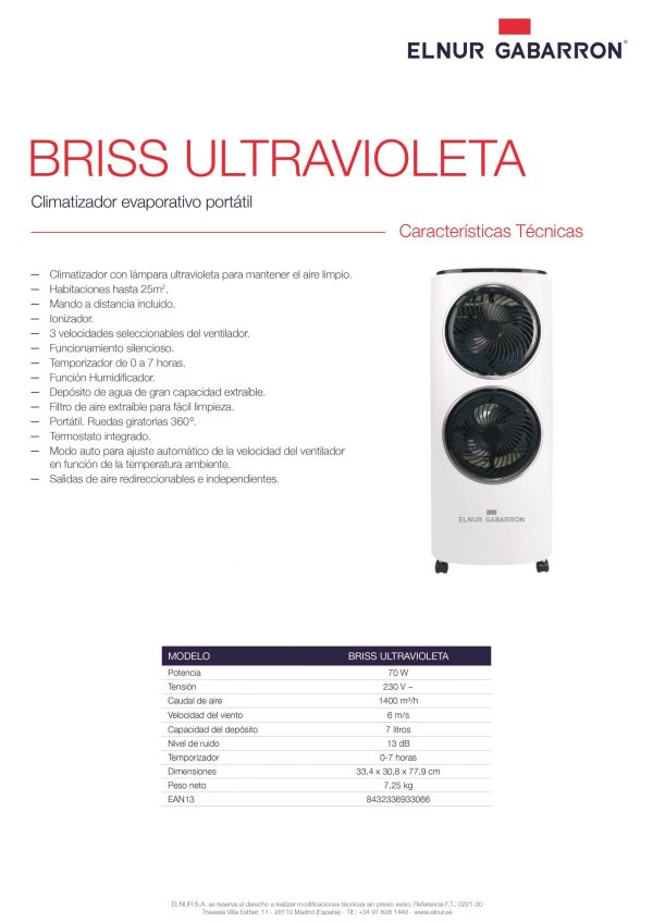 BRISS ULTRAVIOLETA Climatizador evaporativo - Imagen 2